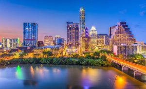 Austin, Texas, USA downtown skyline over the Colorado River.