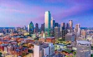 Dallas Texas Skyline Dallas, Texas, USA downtown skyline at twilight viewed from above.