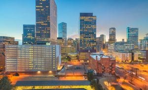Denver, Colorado, USA downtown cityscape at twilight.
