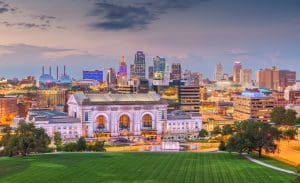 Kansas City, Missouri, USA downtown skyline with Union Station Kansas City, Missouri, USA downtown skyline with Union Station at dusk.