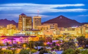 Tucson, Arizona, USA Tucson, Arizona, USA downtown skyline with Sentinel Peak at dusk. (Mountaintop "A" for "Arizona")