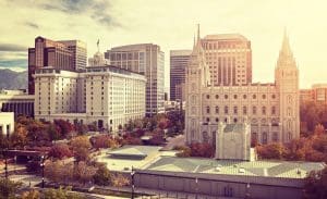 Vintage toned Salt Lake City downtown at sunset, Utah, USA.