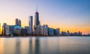 Chicago, Illinois, USA downtown skyline from Lake Michigan at dusk. Chicago, Illinois, USA downtown skyline from Lake Michigan at dusk.