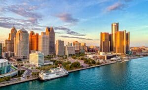 Detroit Aerial Panorama during sunset Detroit Aerial Panorama during sunset